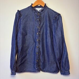 Northern Reflections Denim Ruffle Neck Chambray Shirt Blouse L